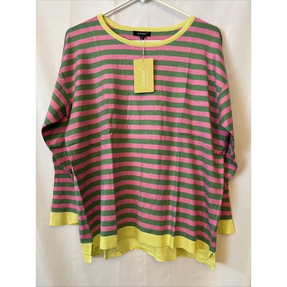 Ushdele Pink/Green Striped Oversized Long Sleeve Lightweight‎ Sweater NWT S
